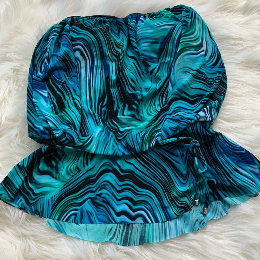 AquaGreen Abalone Strapless Belted Swim Top Sz S
